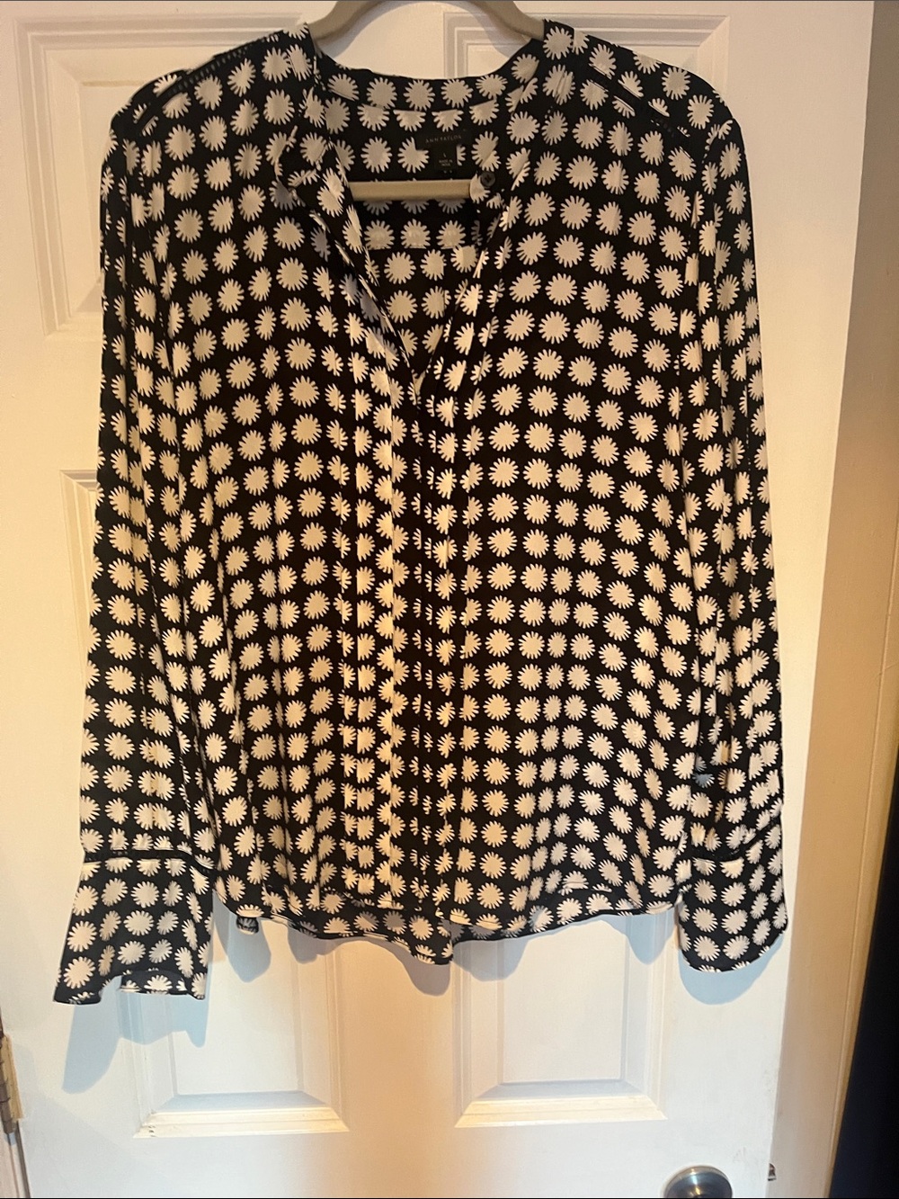 Ann Taylor Black Blouse with White Daisy Dot Print